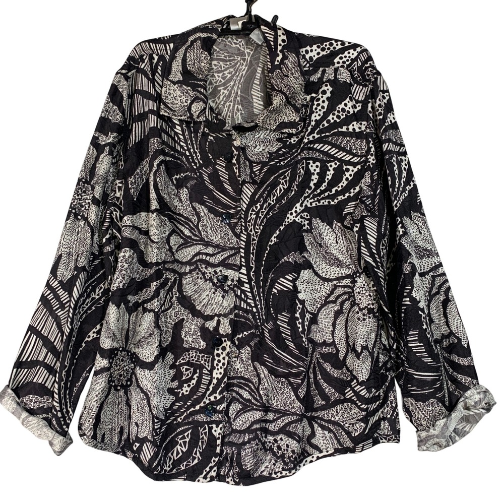 Chico's Button-Up Top Floral Print Long Sleeve Blouse Rayon Nylon Blend Size 2 L